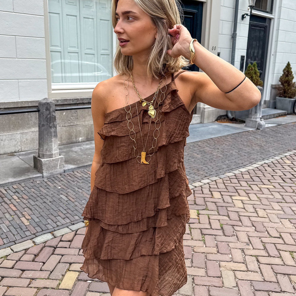 Mini Jurk Dames Ruches Asymmetrisch Schouderband Casual Zomer