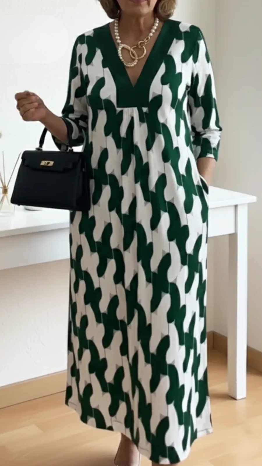 Elegante Maxi Jurk Met V-Hals En 3/4 Mouwen Voor Vrouwen