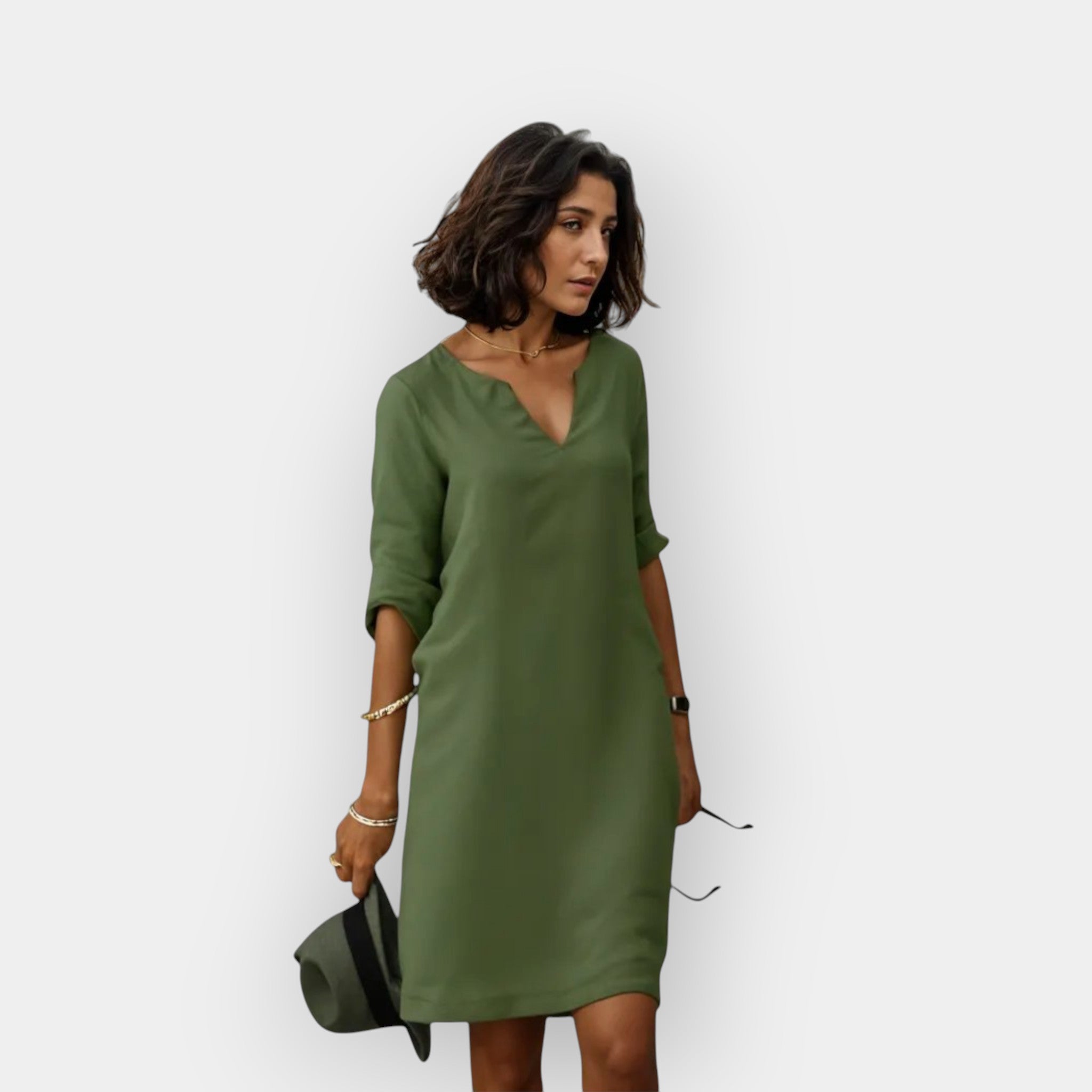 Luchtige Elegante Midi Jurk Dames Met V-Hals en Driekwart Mouwen
