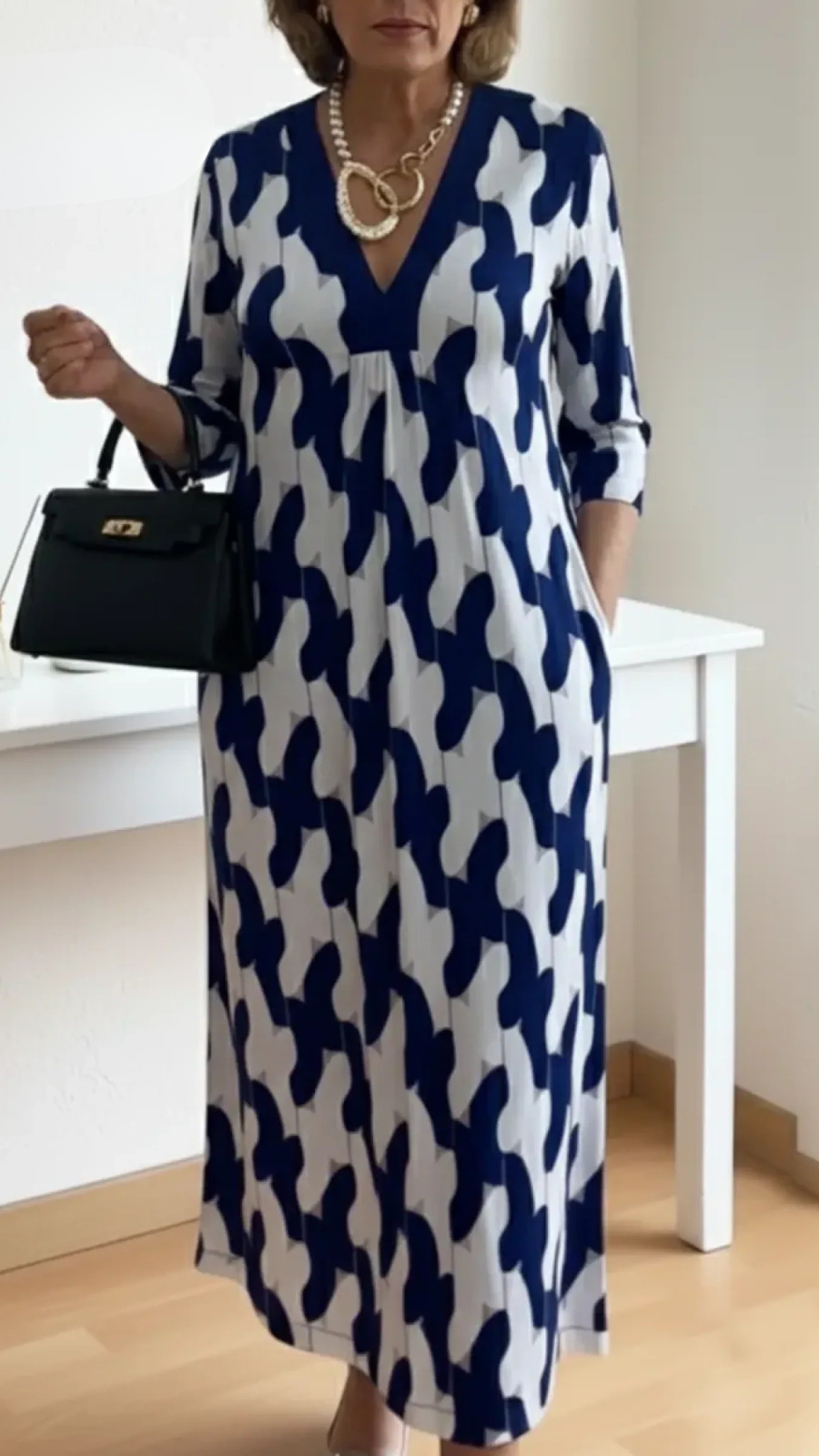 Elegante Maxi Jurk Met V-Hals En 3/4 Mouwen Voor Vrouwen