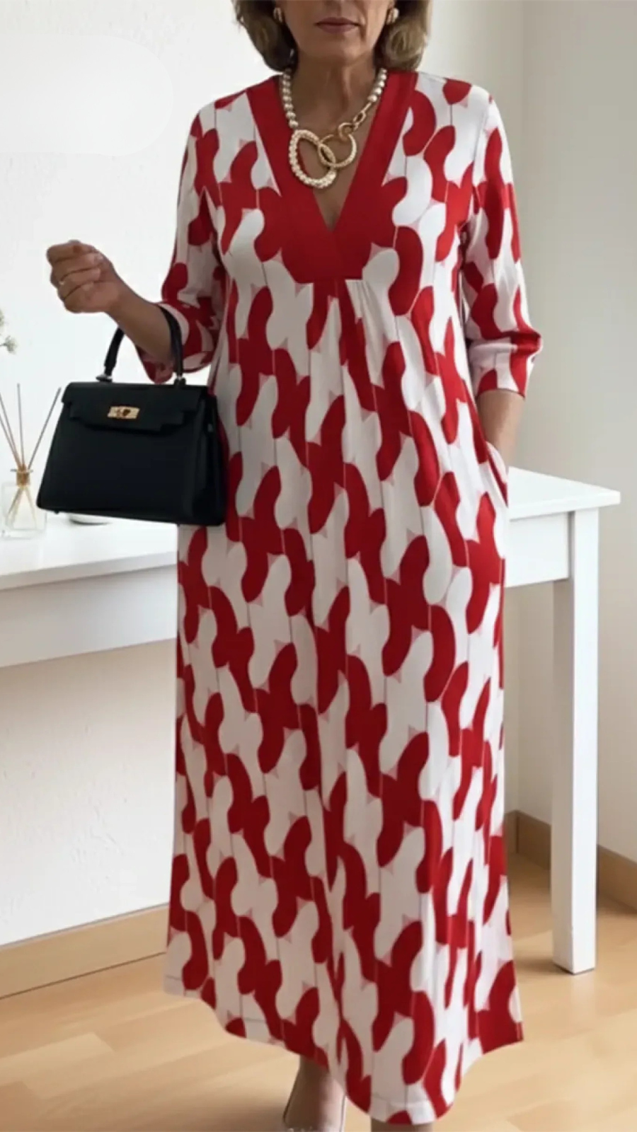 Elegante Maxi Jurk Met V-Hals En 3/4 Mouwen Voor Vrouwen