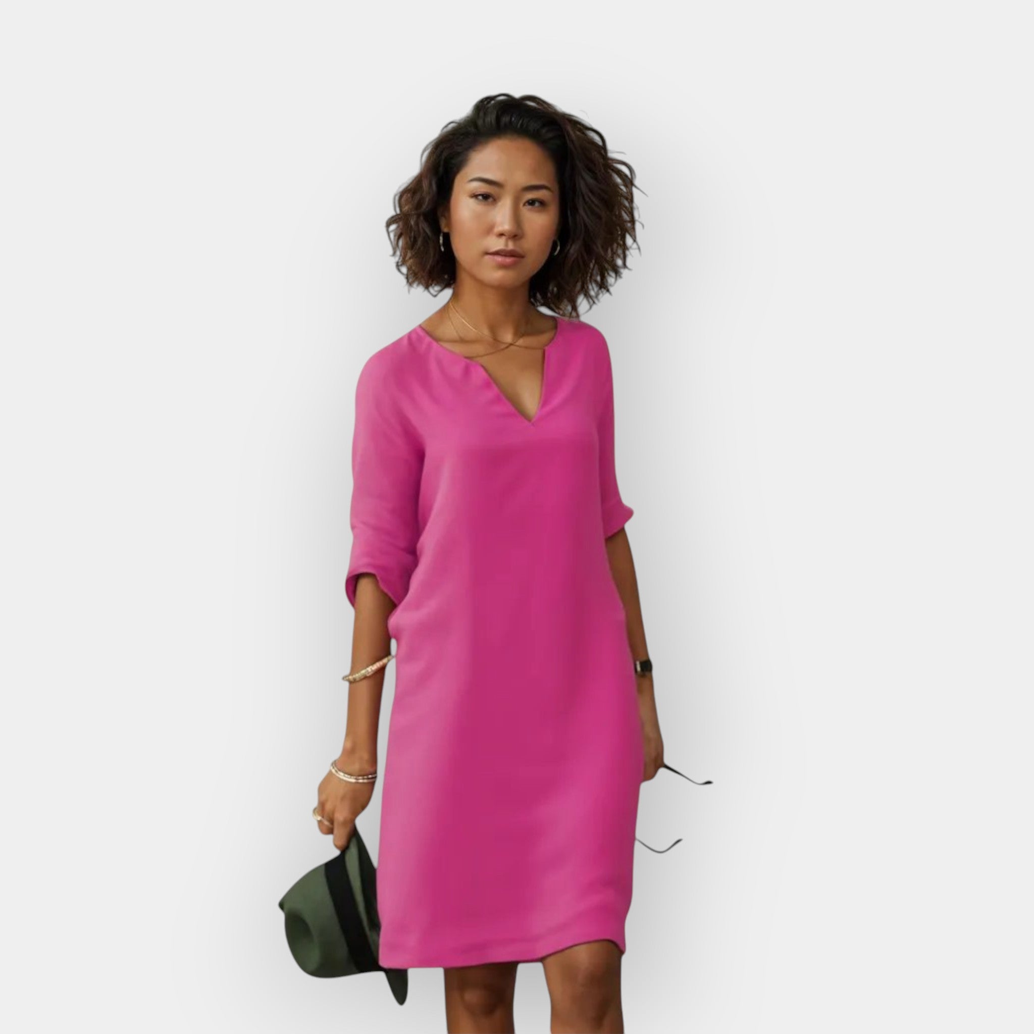 Luchtige Elegante Midi Jurk Dames Met V-Hals en Driekwart Mouwen