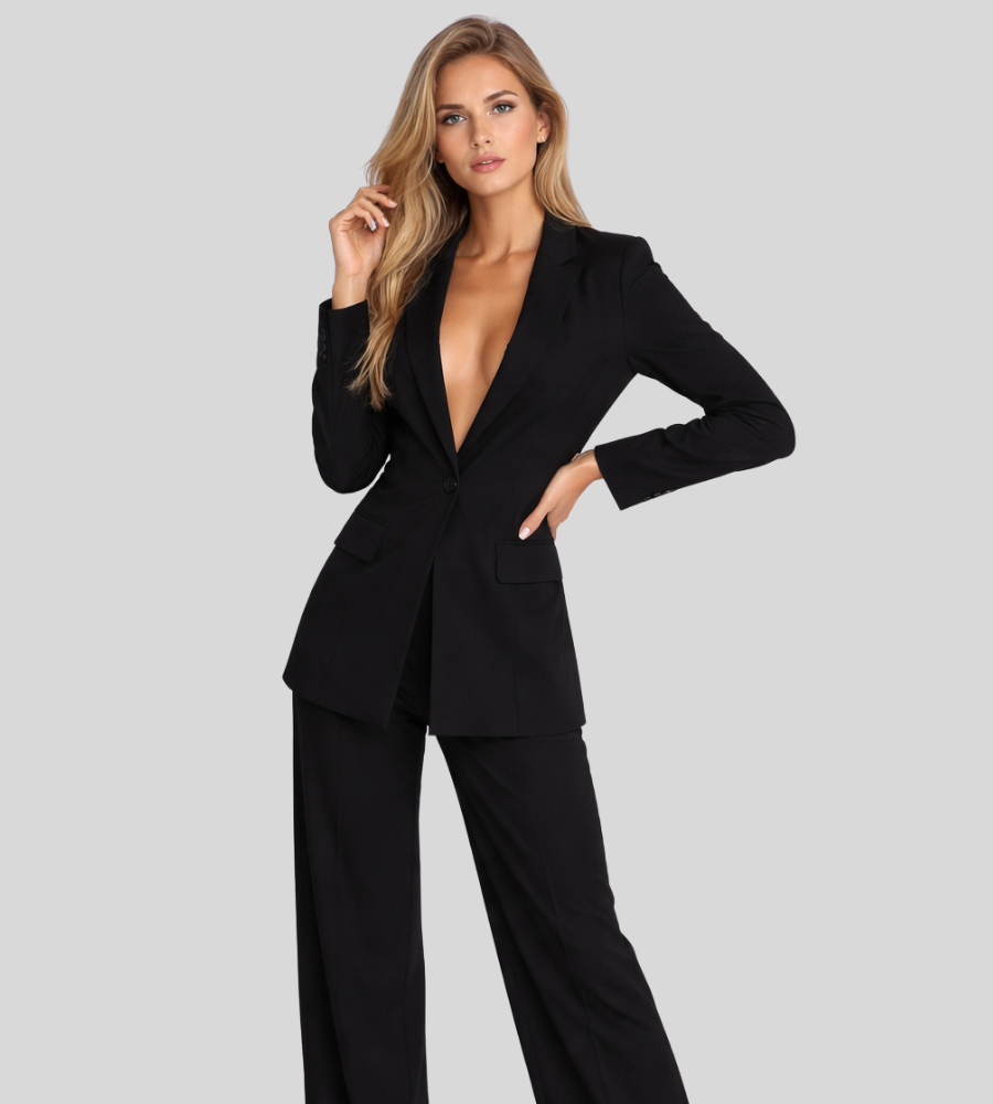 Zakelijke set Dames Regular Fit Linnen Colbert met wijde broek