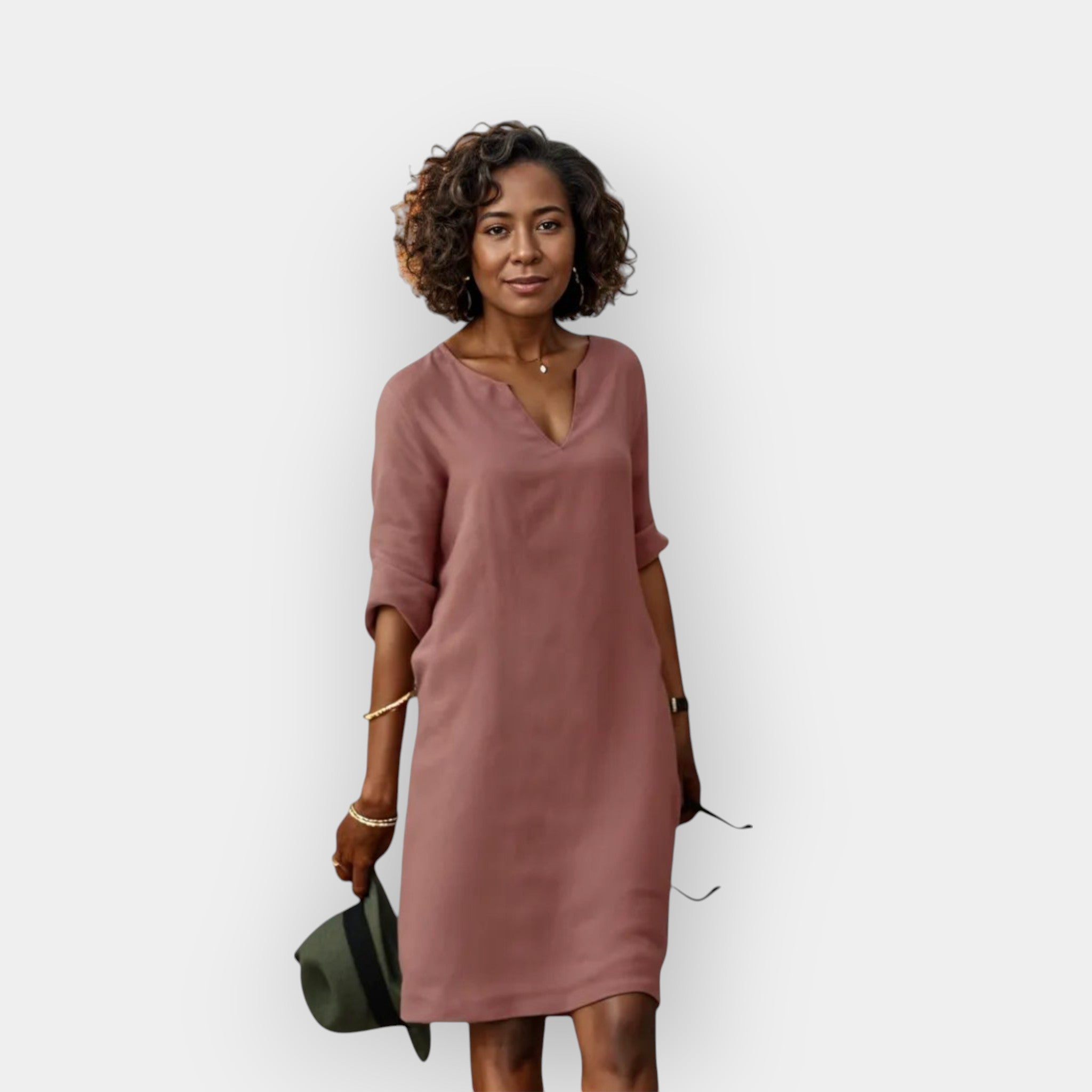 Luchtige Elegante Midi Jurk Dames Met V-Hals en Driekwart Mouwen