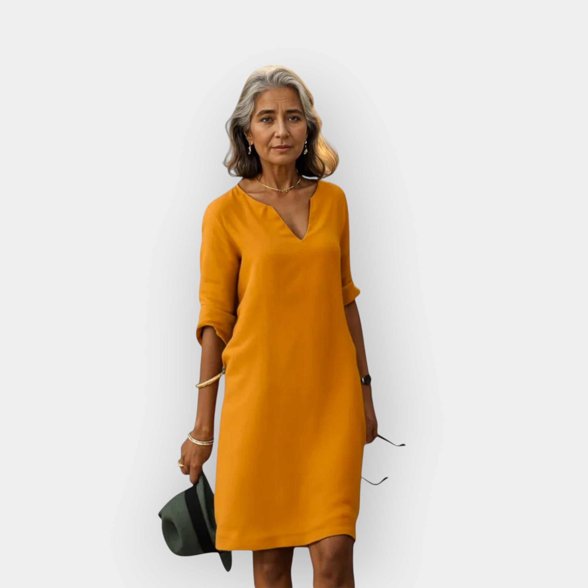 Luchtige Elegante Midi Jurk Dames Met V-Hals en Driekwart Mouwen
