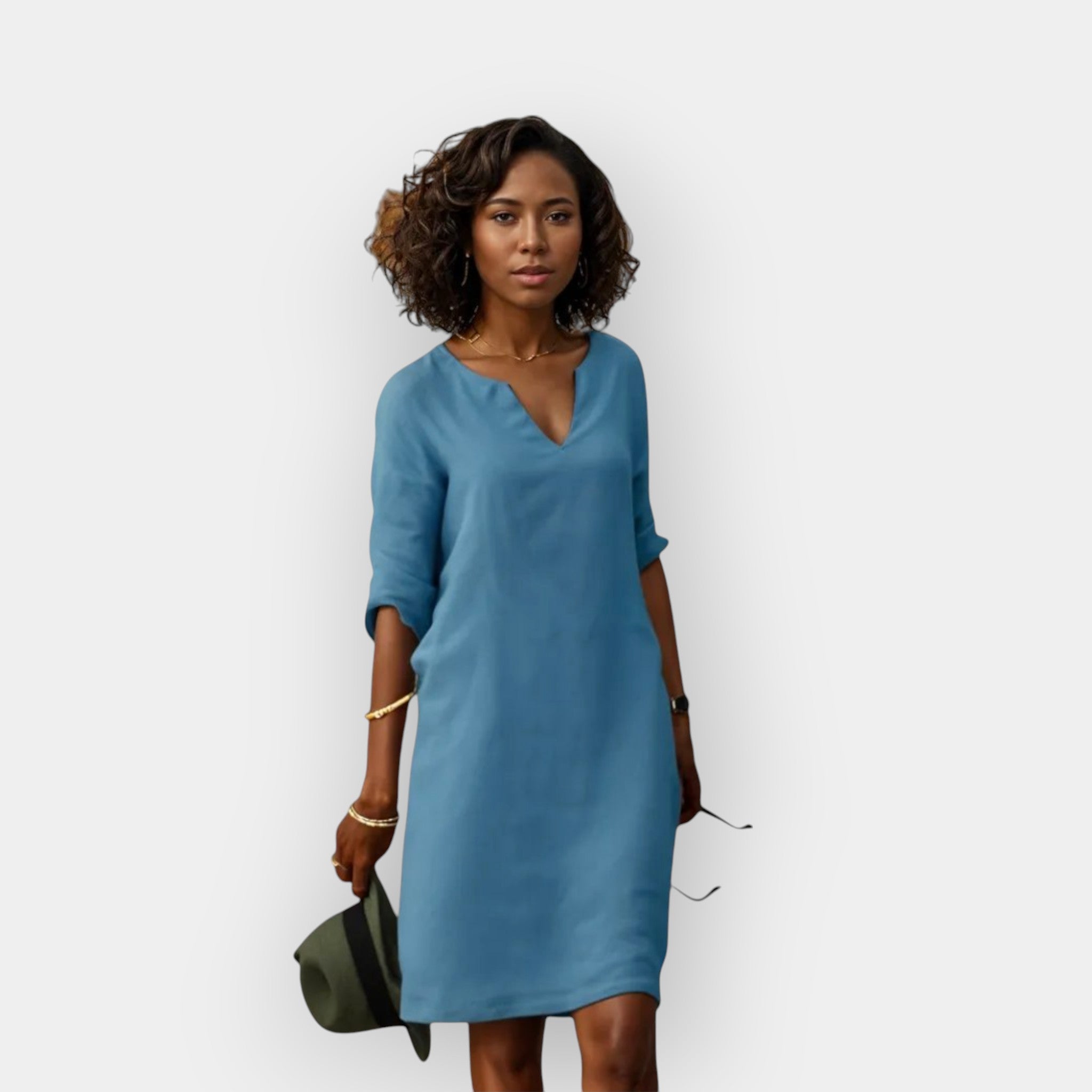 Luchtige Elegante Midi Jurk Dames Met V-Hals en Driekwart Mouwen
