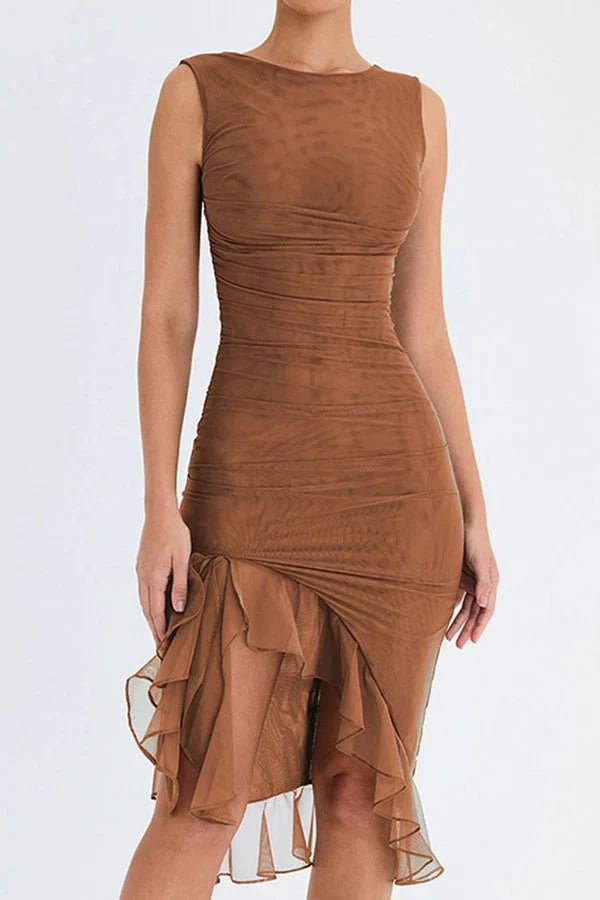 Jurk Dames Mesh Ronde Hals Lage Rug Mid Length Gala
