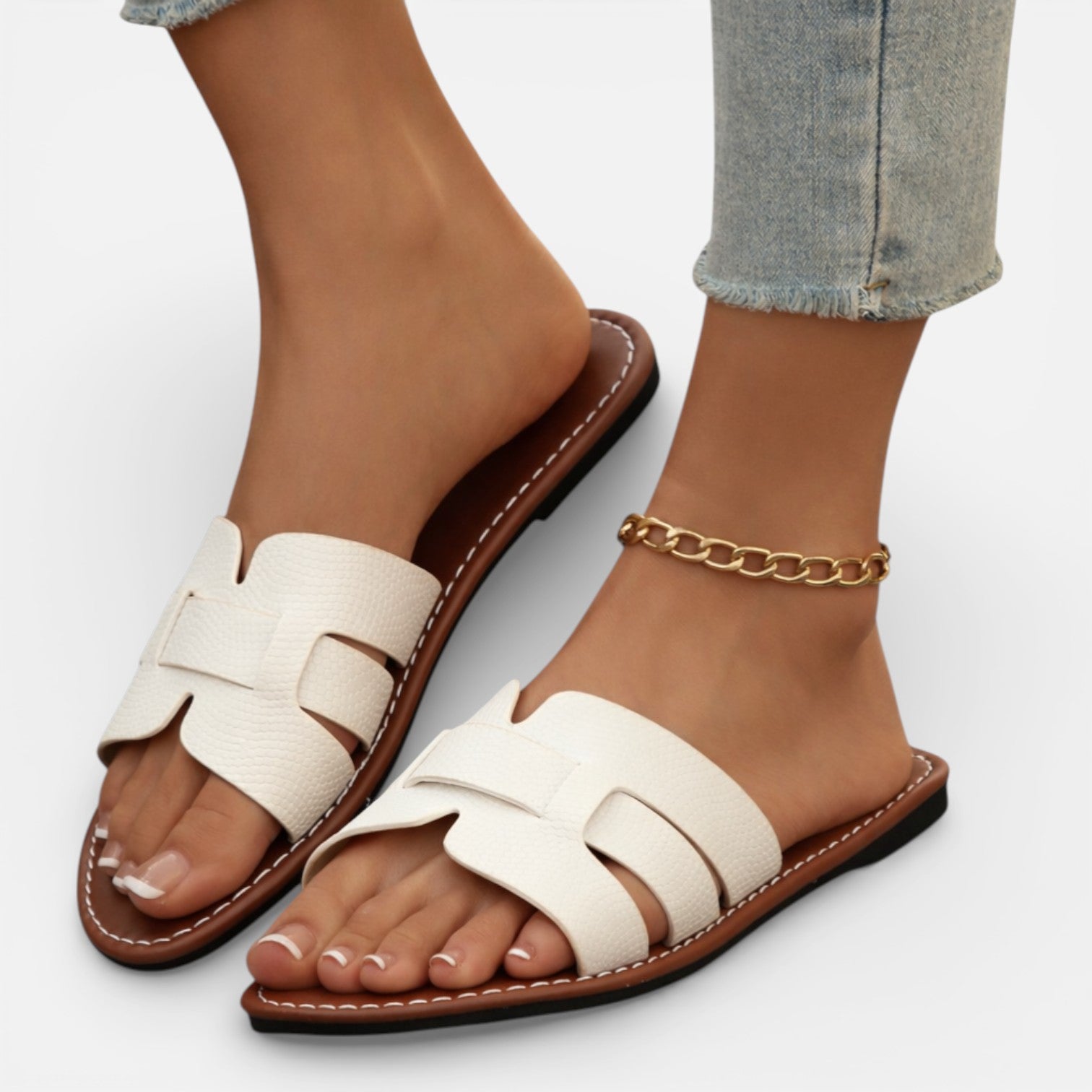 Leren Slippers Dames Open Teen Comfort Plat