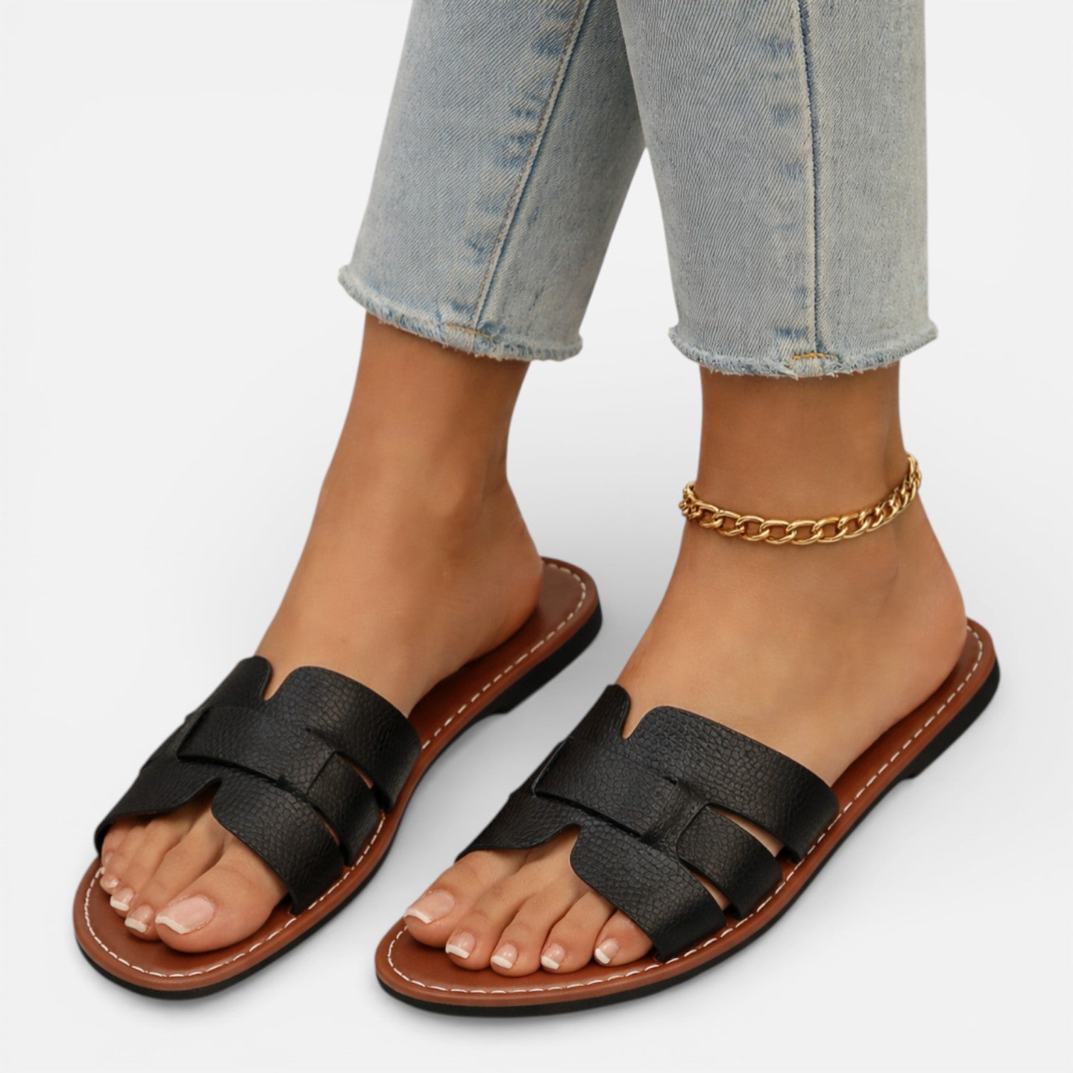 Leren Slippers Dames Open Teen Comfort Plat