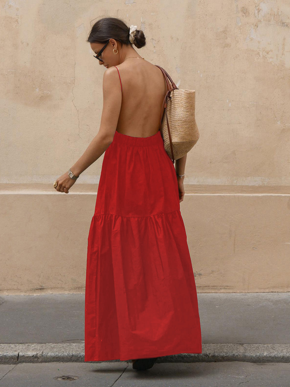 Maxi Jurk Dames Backless Spaghetti Bandjes Lange Mouwen Zomer