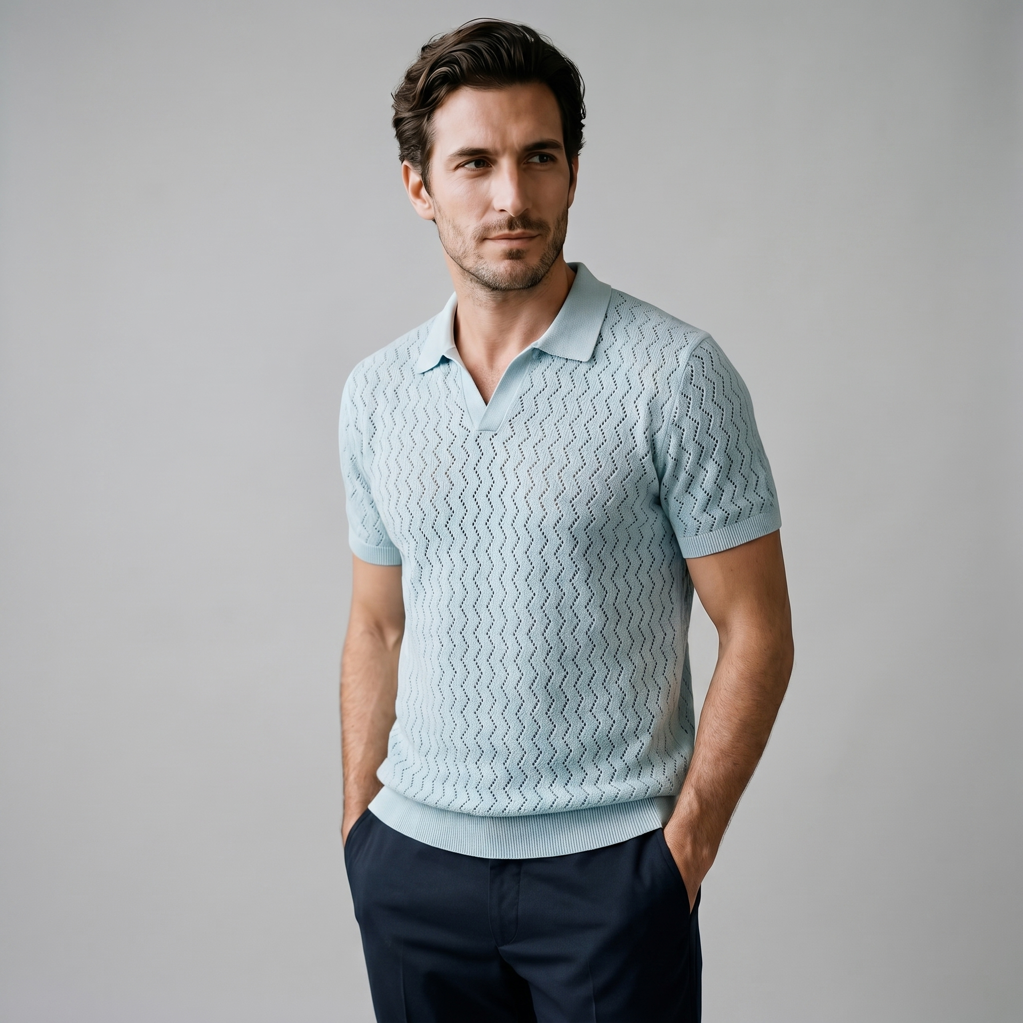 Poloshirt Heren Chevron Open-Knit Zomer Casual