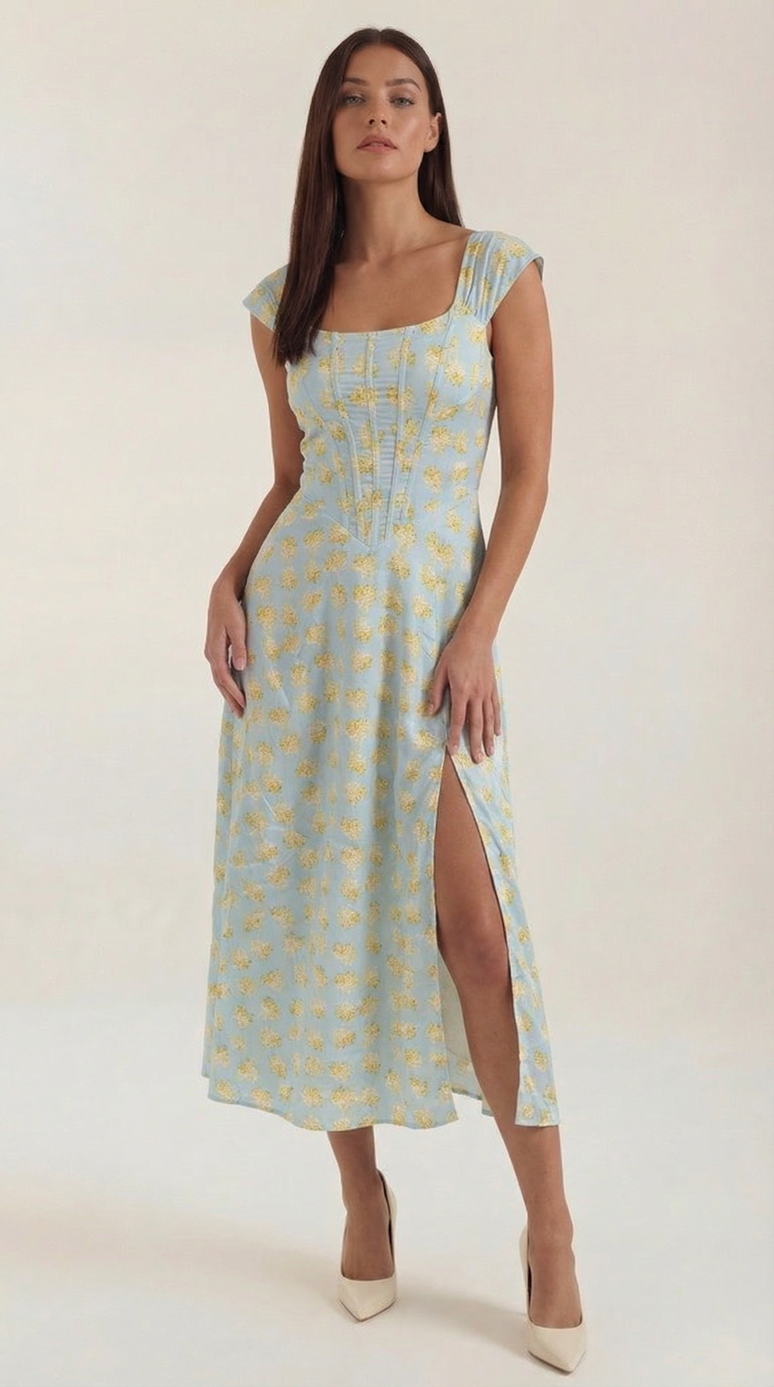 Midi-jurk dames A-lijn vintage bloemenprint bustier stijl spaghettibandjes