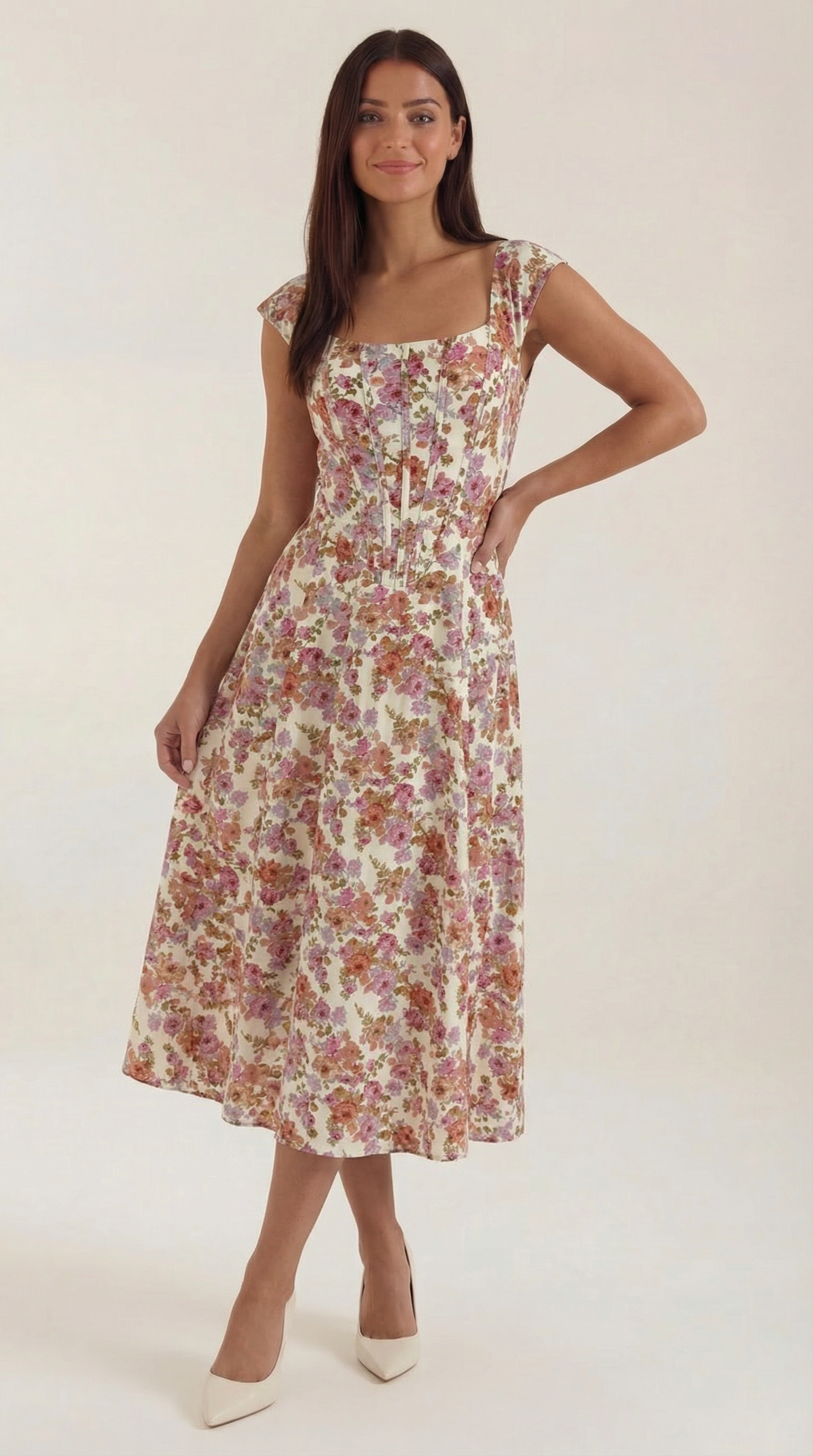 Midi-jurk dames A-lijn vintage bloemenprint bustier stijl spaghettibandjes